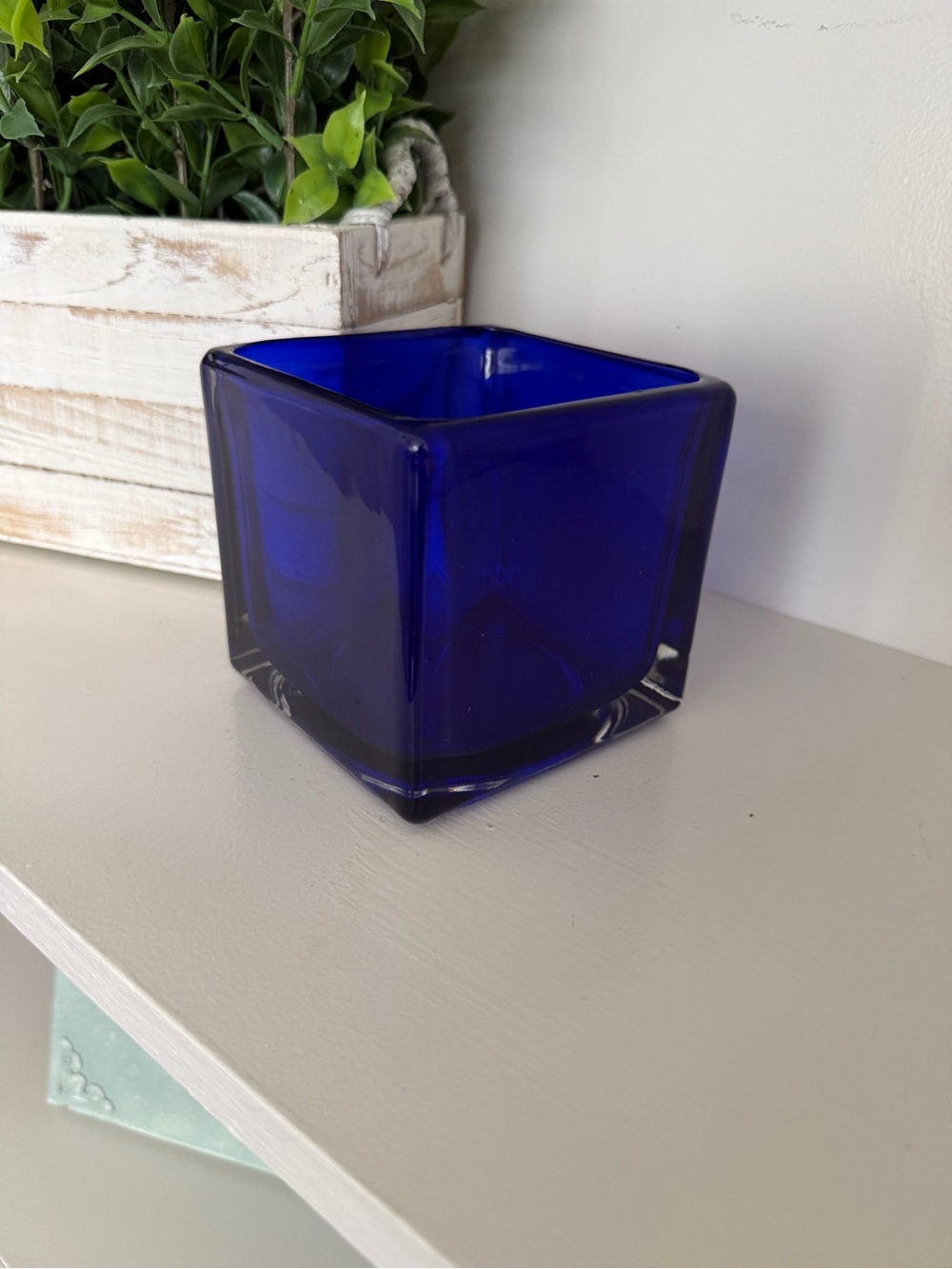 Vintage Cobalt Blue Art Glass Cube Vase Candle Holder Thick Heavy Glass
